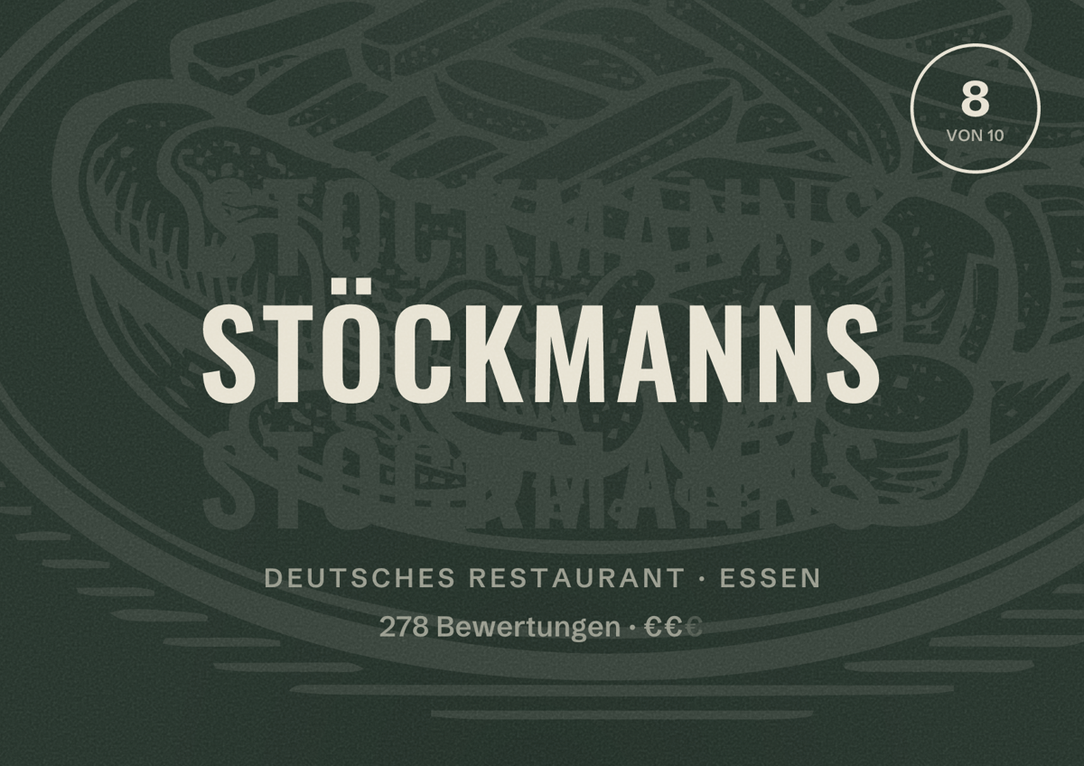 Illustriertes Poster von Stöckmanns, Deutsches Restaurant in Essen: Bewertung 8 von 10 aus 278 Bewertungen, Preisniveau €€