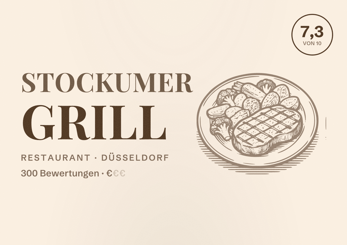 Illustriertes Poster von Stockumer Grill, Restaurant in Düsseldorf: Bewertung 7,3 von 10 aus 300 Bewertungen, Preisniveau €