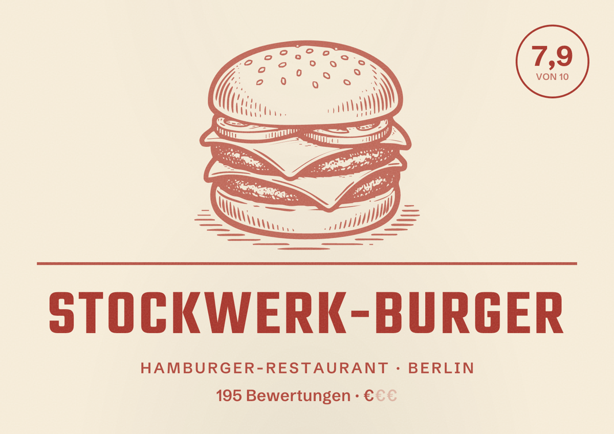 Illustriertes Poster von Stockwerk-Burger, Hamburger-Restaurant in Berlin: Bewertung 7,9 von 10 aus 195 Bewertungen, Preisniveau €
