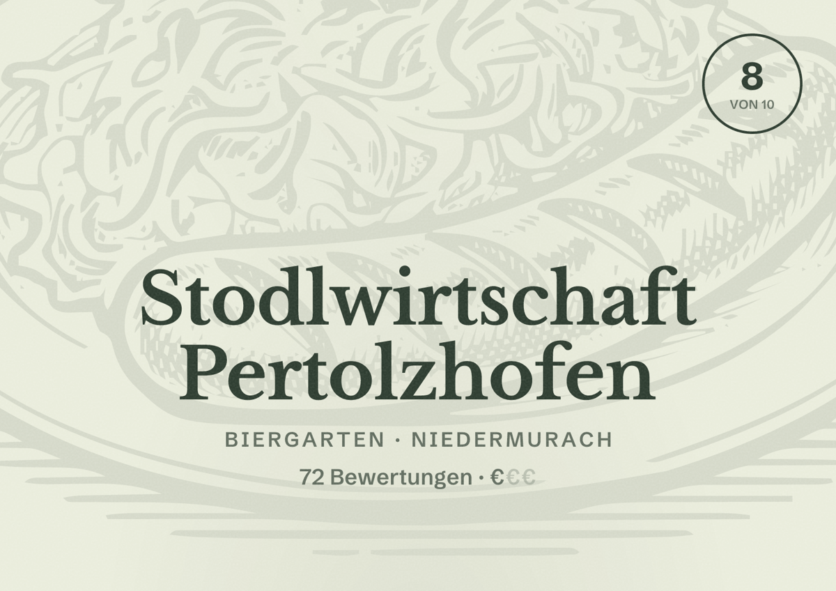 Illustriertes Poster von Stodlwirtschaft Pertolzhofen, Biergarten in Niedermurach: Bewertung 8 von 10 aus 72 Bewertungen, Preisniveau €