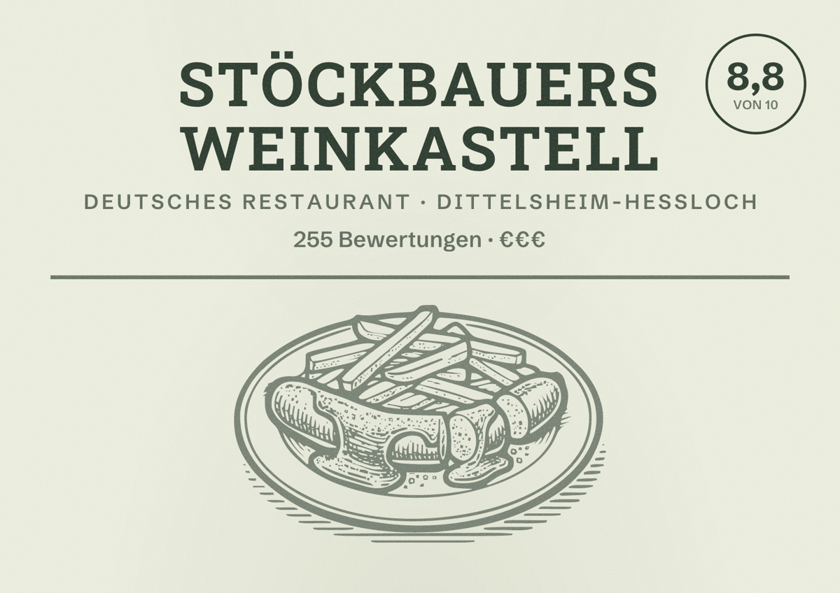 Illustriertes Poster von Stöckbauers Weinkastell, Deutsches Restaurant in Dittelsheim-Heßloch: Bewertung 8,8 von 10 aus 255 Bewertungen, Preisniveau €€€