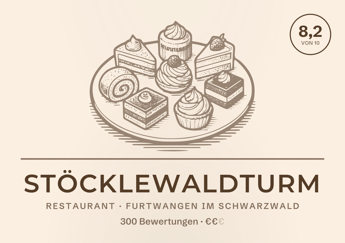 Illustriertes Poster von Stöcklewaldturm, Restaurant in Furtwangen im Schwarzwald: Bewertung 8,2 von 10 aus 300 Bewertungen, Preisniveau €€
