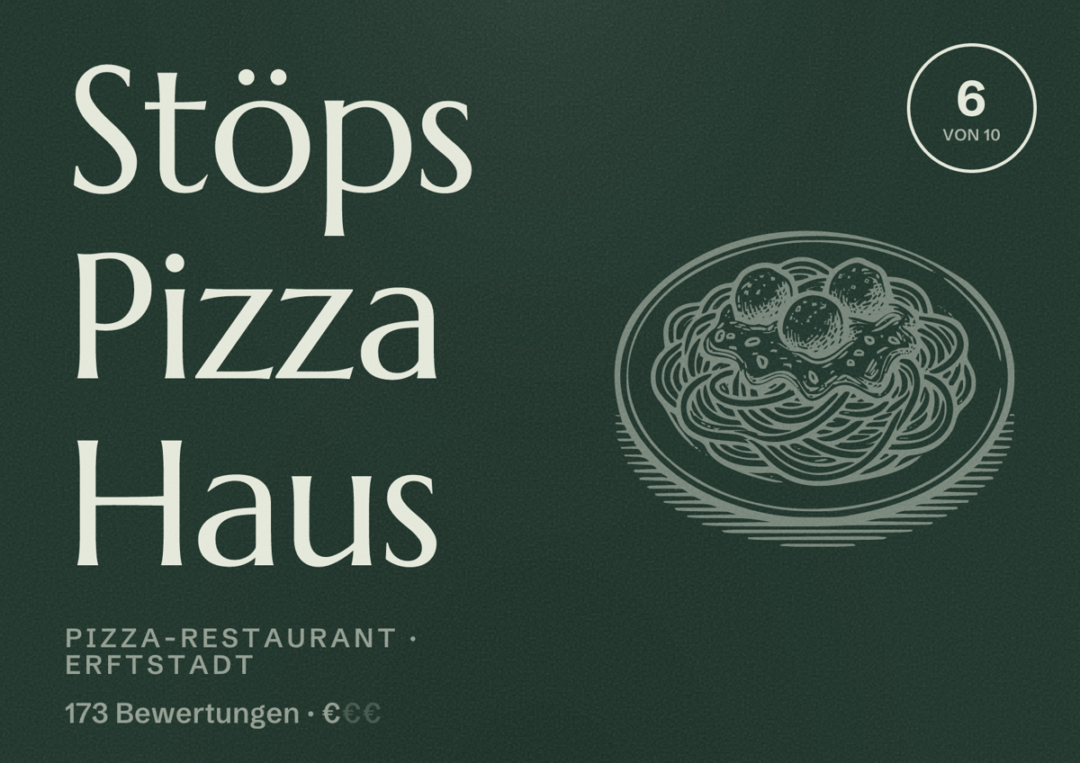 Illustriertes Poster von Stöps Pizza Haus, Pizza-Restaurant in Erftstadt: Bewertung 6 von 10 aus 173 Bewertungen, Preisniveau €