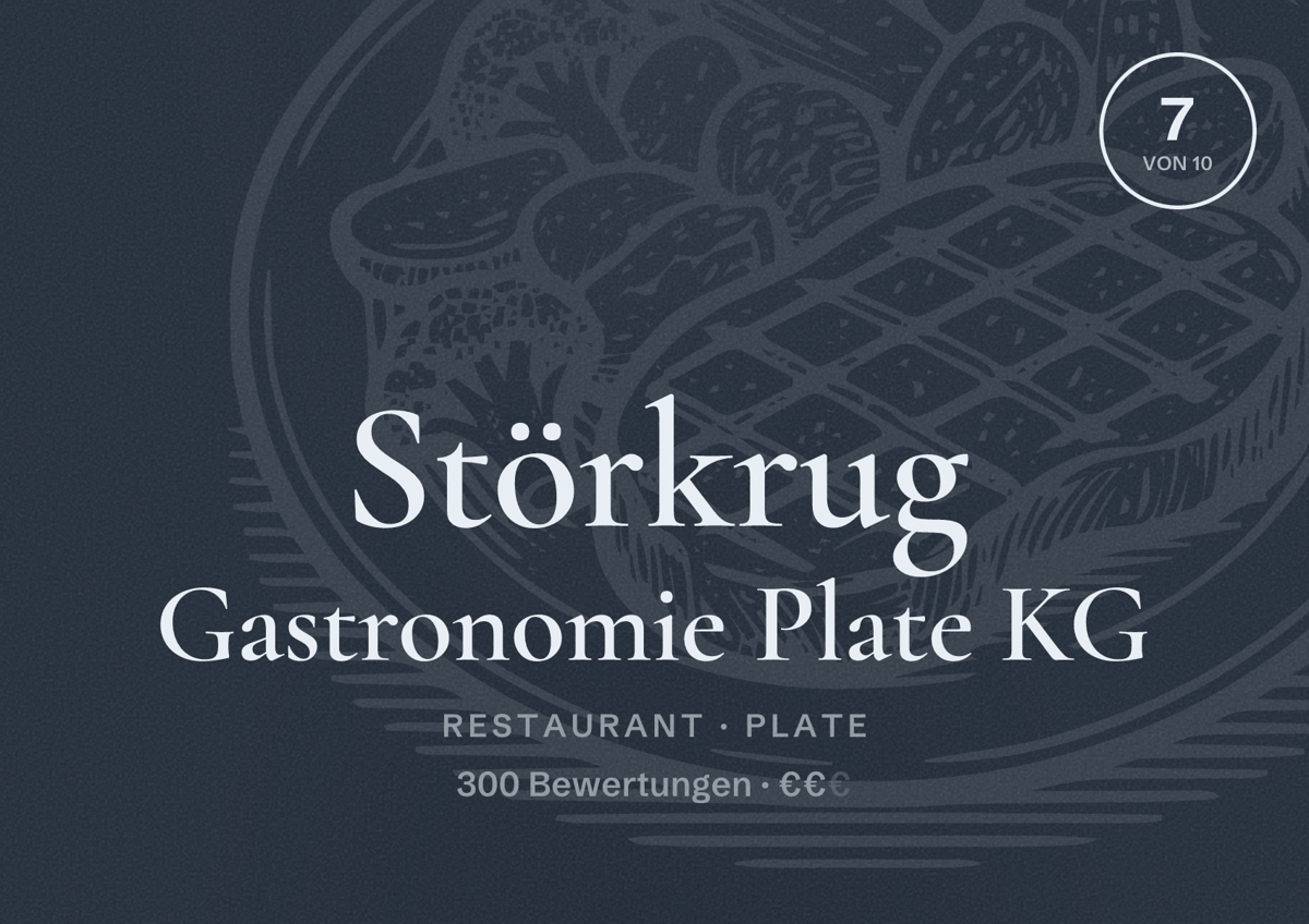 Illustriertes Poster von Störkrug Gastronomie Plate KG, Restaurant in Plate: Bewertung 7 von 10 aus 300 Bewertungen, Preisniveau €€