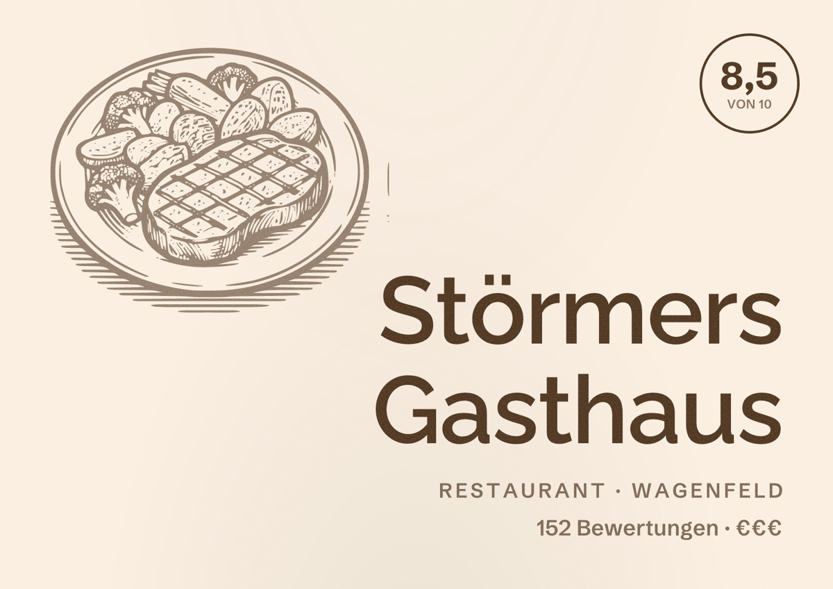 Illustriertes Poster von Störmers Gasthaus, Restaurant in Wagenfeld: Bewertung 8,5 von 10 aus 152 Bewertungen, Preisniveau €€€