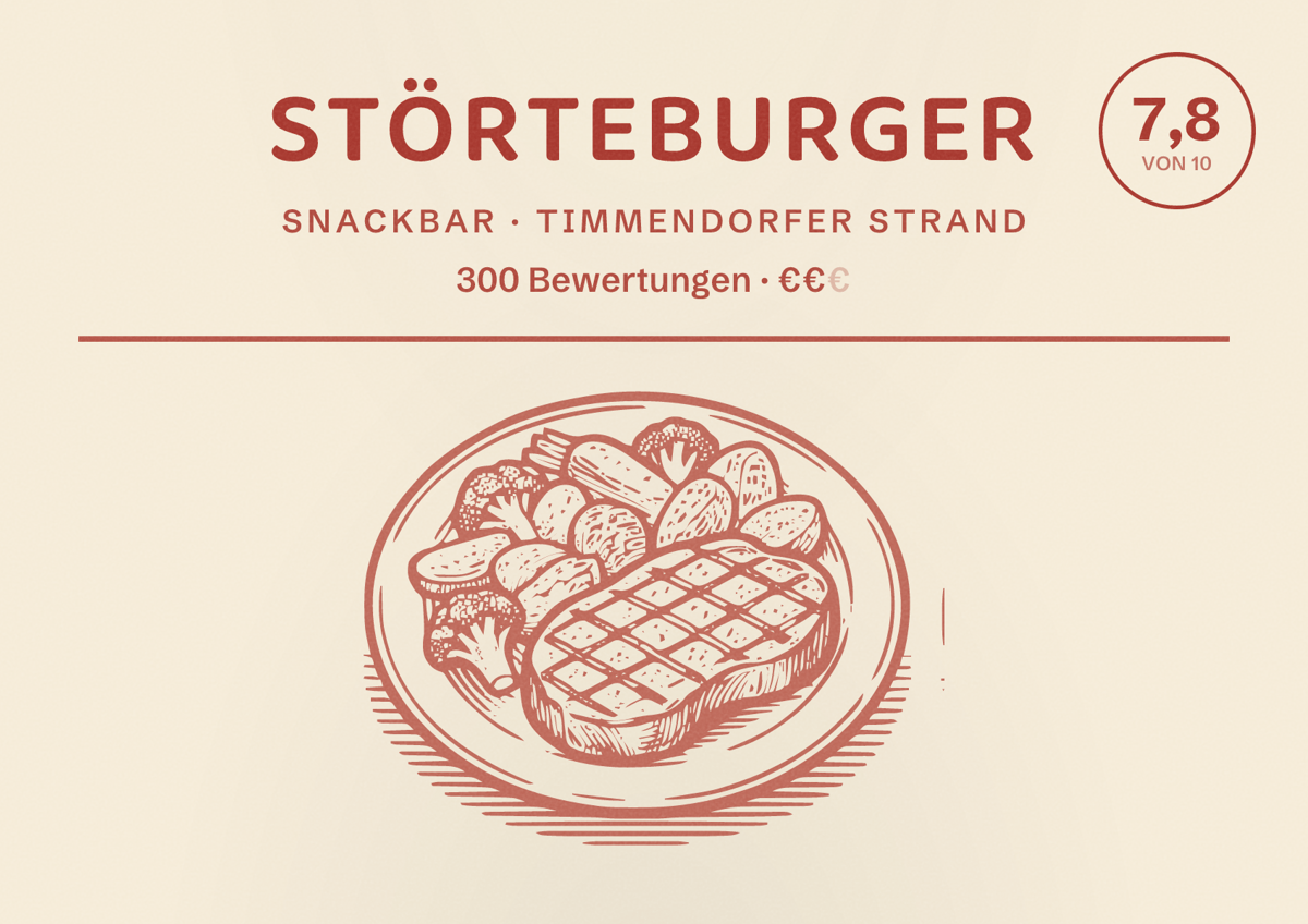 Illustriertes Poster von Störteburger, Snackbar in Timmendorfer Strand: Bewertung 7,8 von 10 aus 300 Bewertungen, Preisniveau €€
