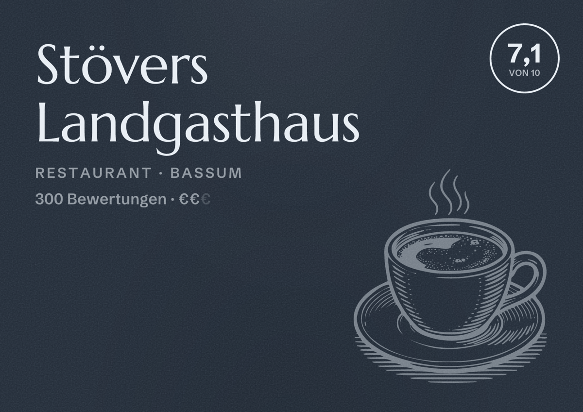 Illustriertes Poster von Stövers Landgasthaus, Restaurant in Bassum: Bewertung 7,1 von 10 aus 300 Bewertungen, Preisniveau €€