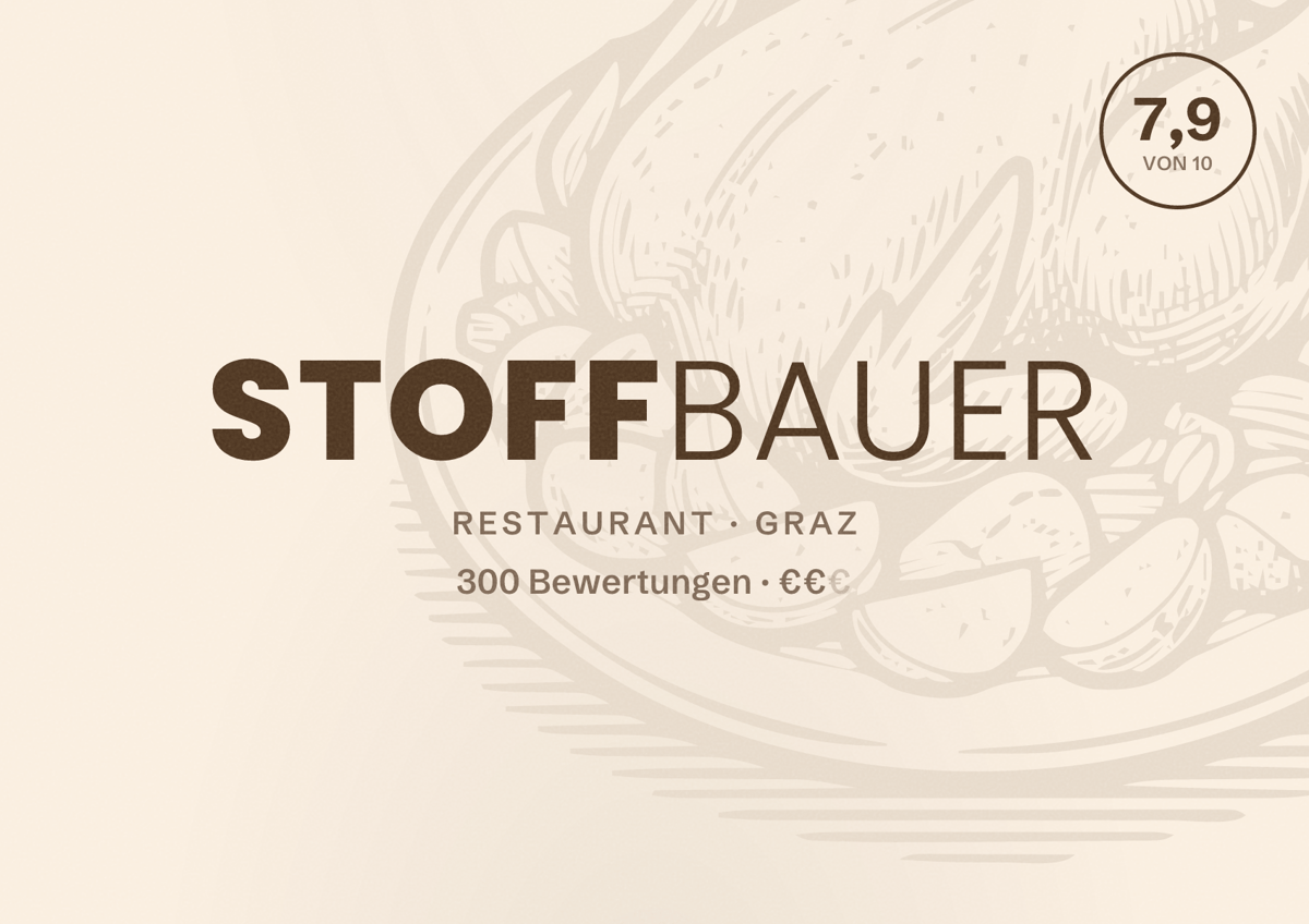 Illustriertes Poster von Stoffbauer, Restaurant in Graz: Bewertung 7,9 von 10 aus 300 Bewertungen, Preisniveau €€