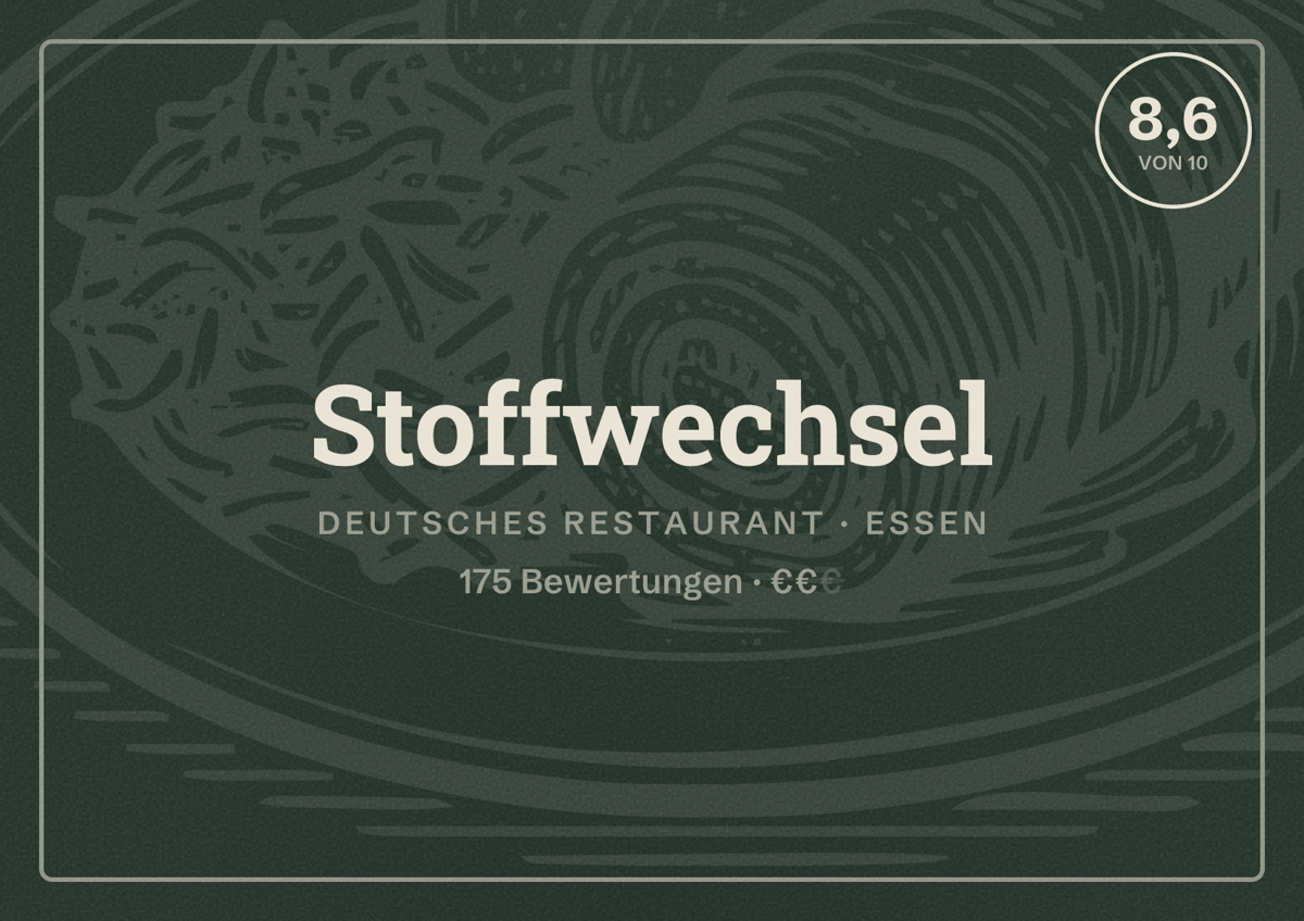 Illustriertes Poster von Stoffwechsel, Deutsches Restaurant in Essen: Bewertung 8,6 von 10 aus 175 Bewertungen, Preisniveau €€