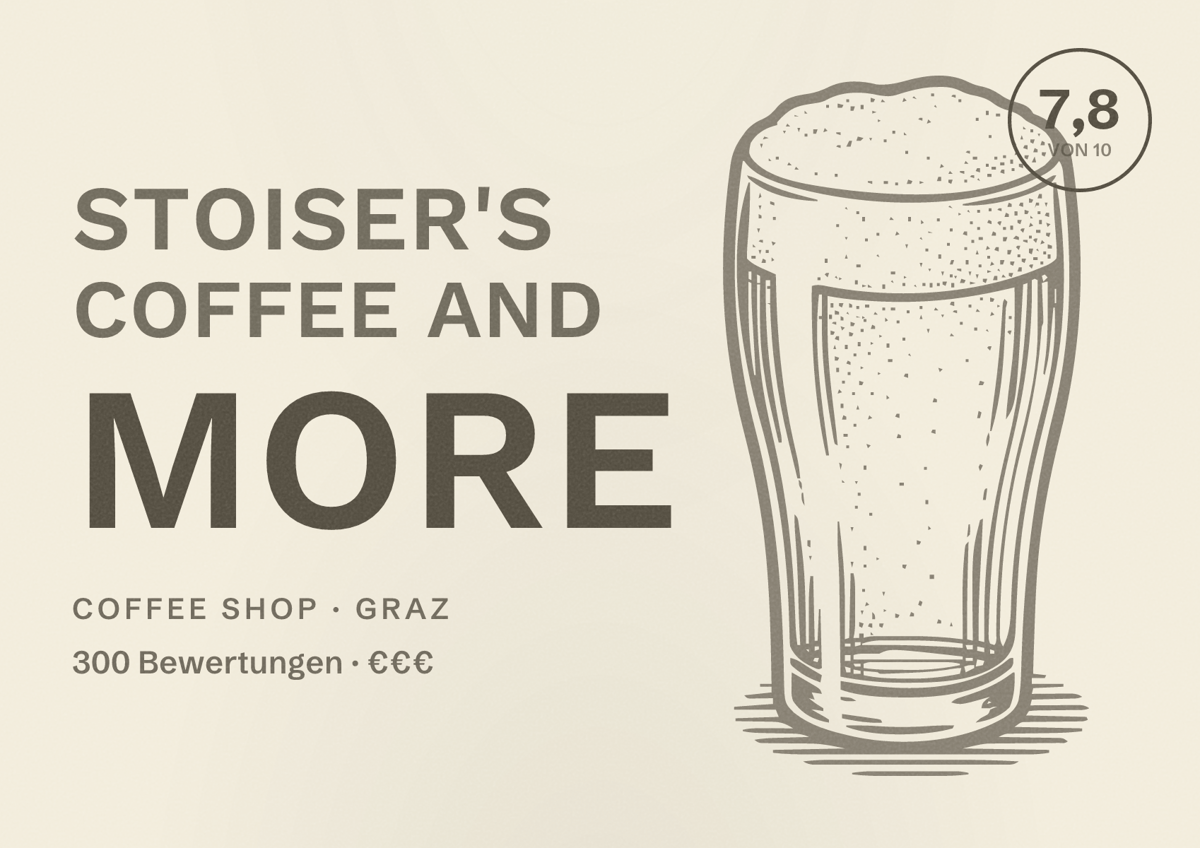 Illustriertes Poster von stoiser's coffee and more, Coffee Shop in Graz: Bewertung 7,8 von 10 aus 300 Bewertungen, Preisniveau €€€