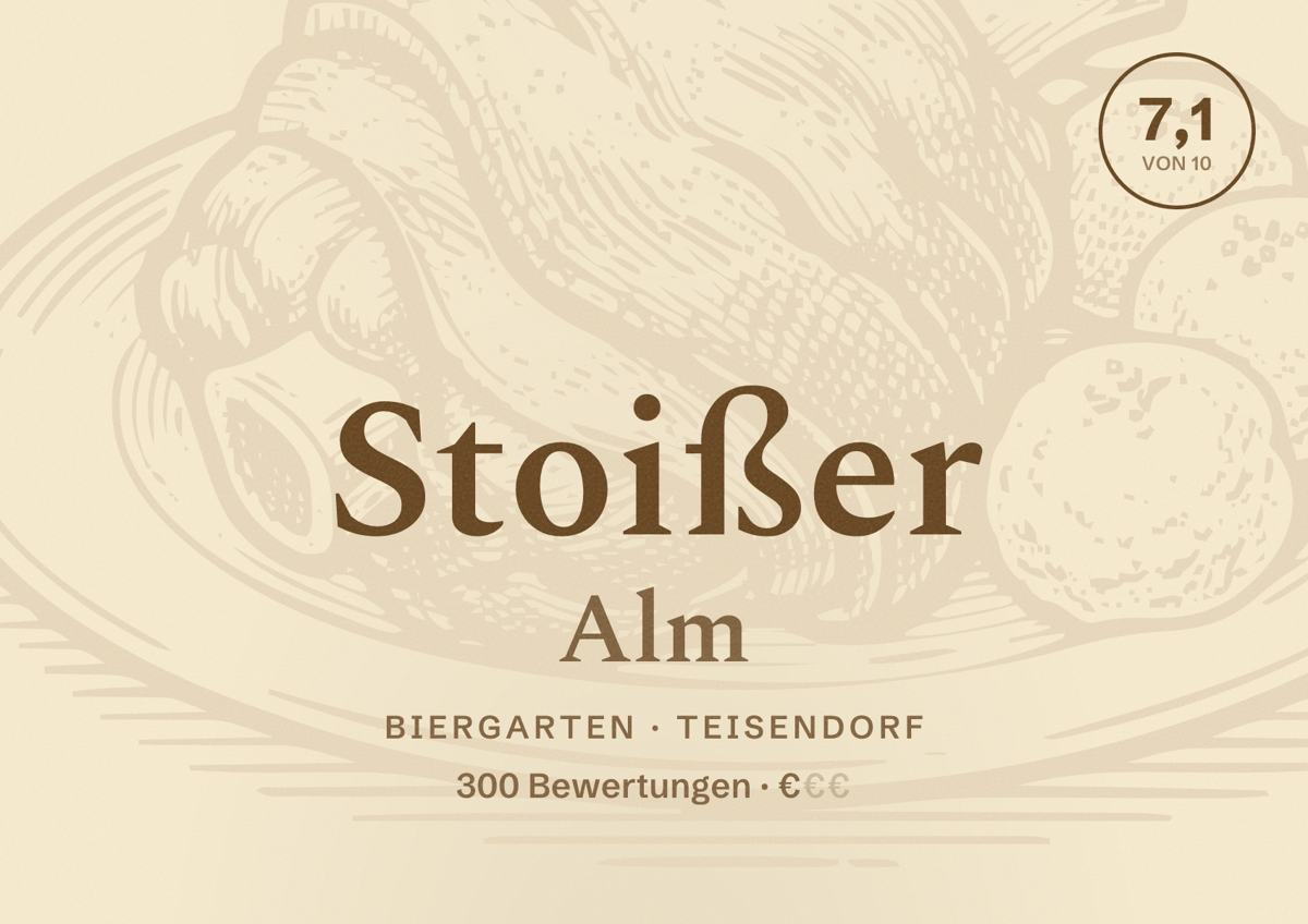Illustriertes Poster von Stoißer Alm, Biergarten in Teisendorf: Bewertung 7,1 von 10 aus 300 Bewertungen, Preisniveau €