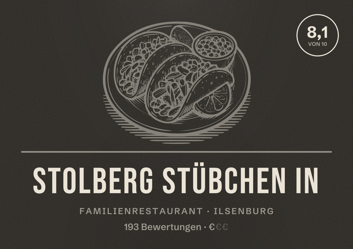 Illustriertes Poster von Stolberg Stübchen in, Familienrestaurant in Ilsenburg: Bewertung 8,1 von 10 aus 193 Bewertungen, Preisniveau €