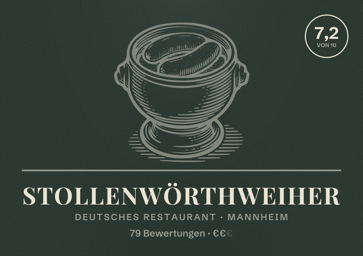 Illustriertes Poster von Stollenwörthweiher, Deutsches Restaurant in Mannheim: Bewertung 7,2 von 10 aus 79 Bewertungen, Preisniveau €€