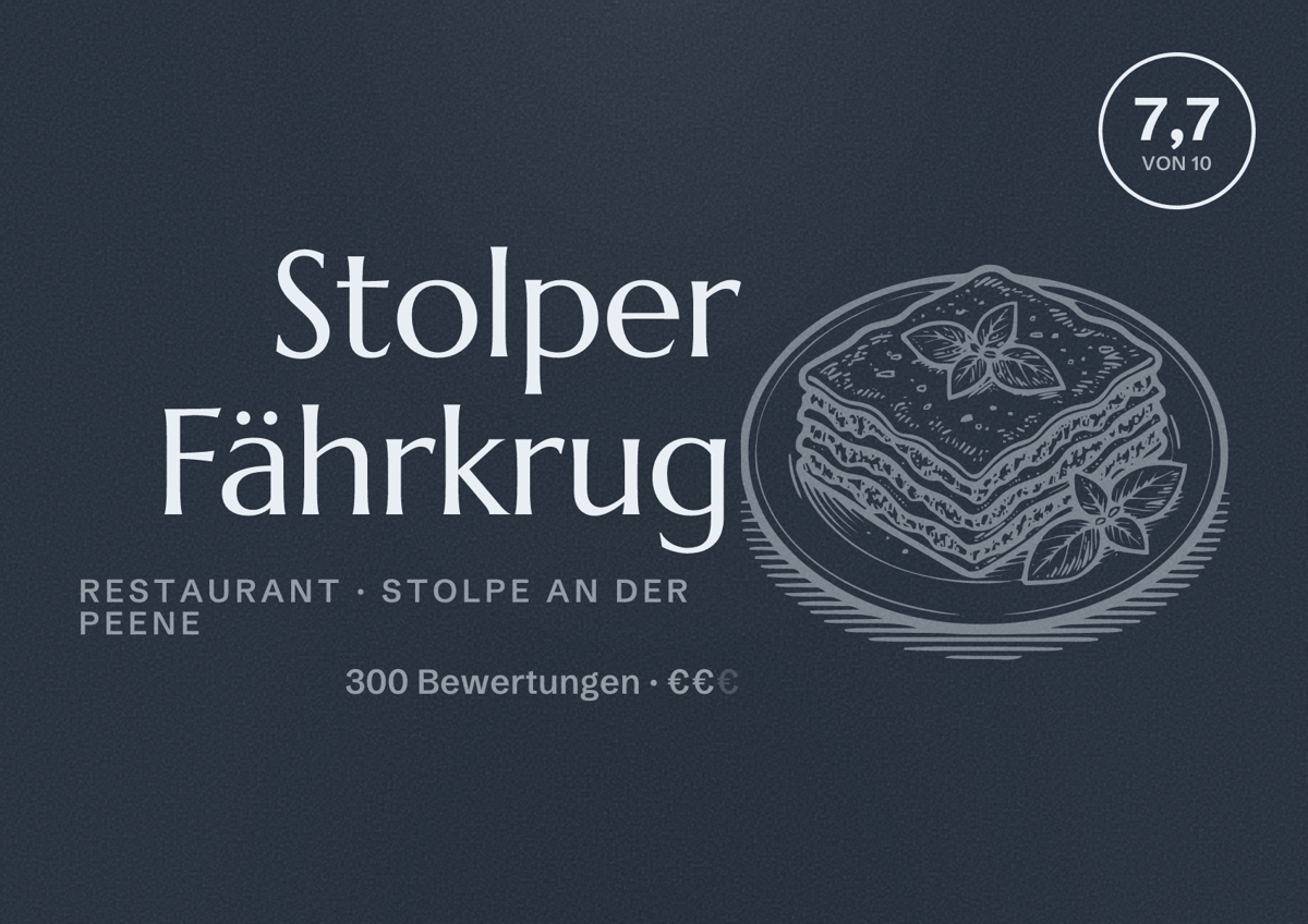 Illustriertes Poster von Stolper Fährkrug, Restaurant in Stolpe an der Peene: Bewertung 7,7 von 10 aus 300 Bewertungen, Preisniveau €€