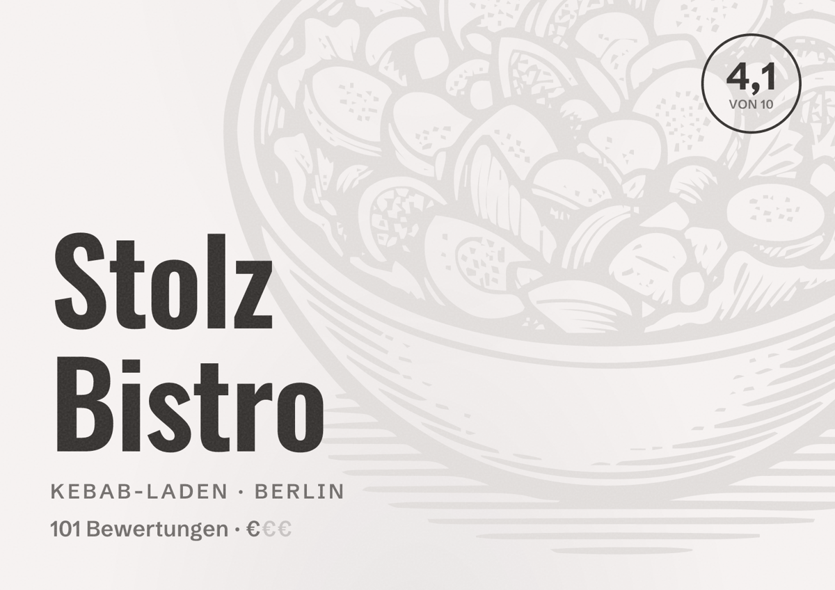 Illustriertes Poster von Stolz Bistro, Kebab-Laden in Berlin: Bewertung 4,1 von 10 aus 101 Bewertungen, Preisniveau €