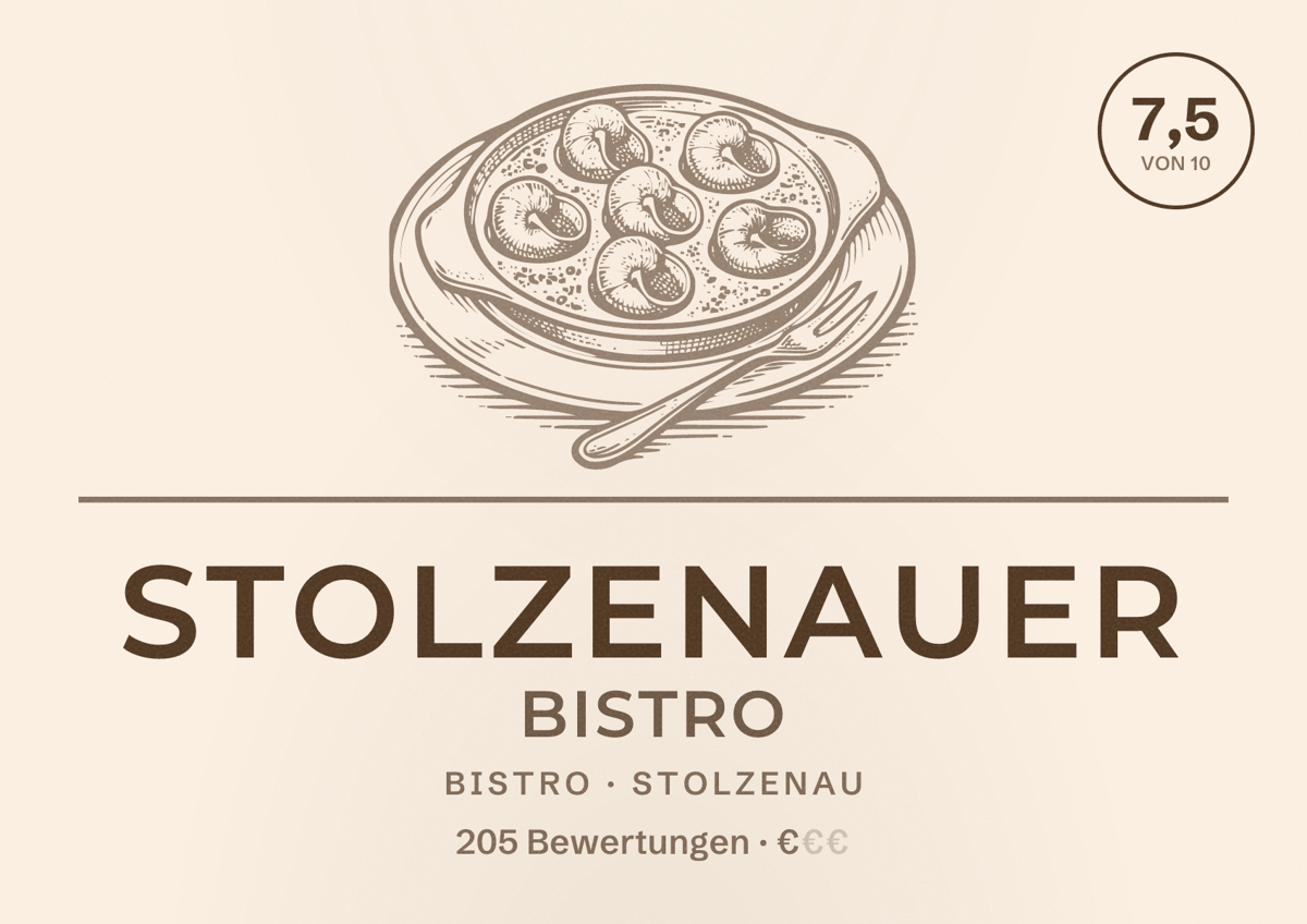 Illustriertes Poster von Stolzenauer Bistro, Bistro in Stolzenau: Bewertung 7,5 von 10 aus 205 Bewertungen, Preisniveau €