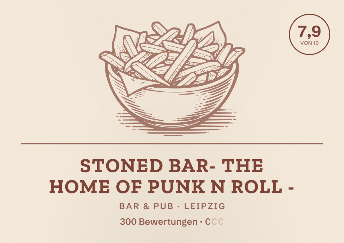 Illustriertes Poster von Stoned Bar- the home of punk n roll -, Bar & Pub in Leipzig: Bewertung 7,9 von 10 aus 300 Bewertungen, Preisniveau €