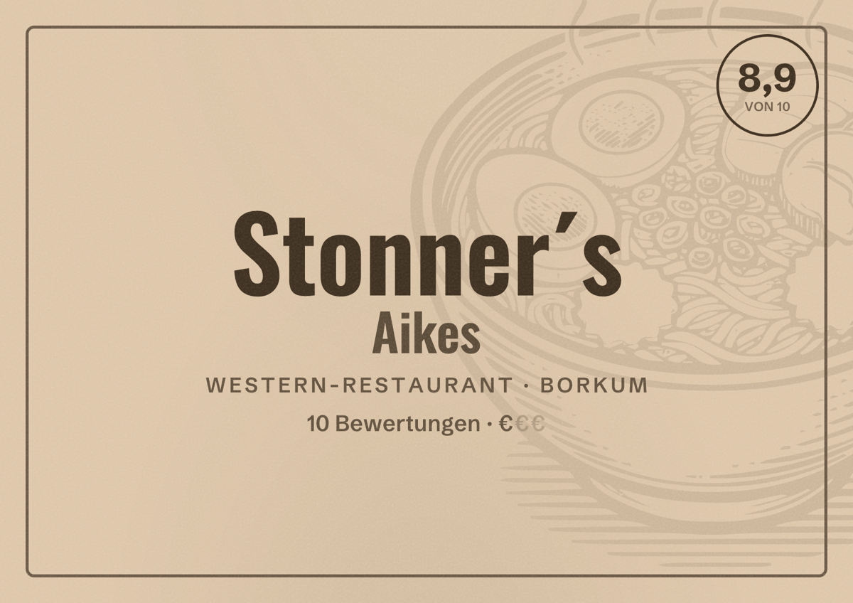 Illustriertes Poster von Stonner´s Aikes, Western-Restaurant in Borkum: Bewertung 8,9 von 10 aus 10 Bewertungen, Preisniveau €