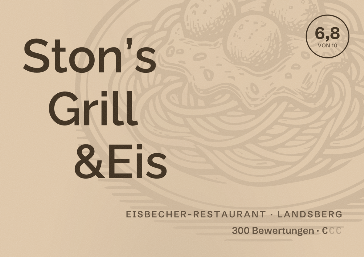 Illustriertes Poster von Ston’s Grill &Eis, Eisbecher-Restaurant in Landsberg: Bewertung 6,8 von 10 aus 300 Bewertungen, Preisniveau €
