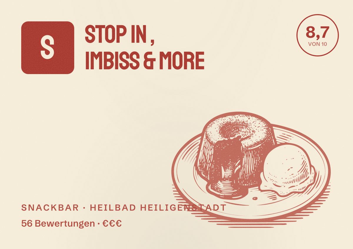 Illustriertes Poster von Stop in , Imbiss & More, Snackbar in Heilbad Heiligenstadt: Bewertung 8,7 von 10 aus 56 Bewertungen, Preisniveau €€€