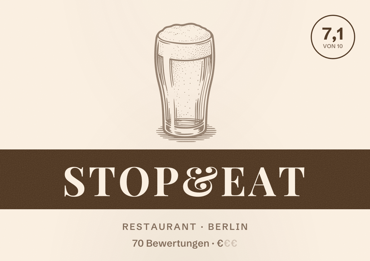 Illustriertes Poster von Stop&eat, Restaurant in Berlin: Bewertung 7,1 von 10 aus 70 Bewertungen, Preisniveau €