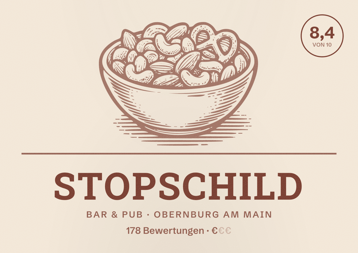 Illustriertes Poster von Stopschild, Bar & Pub in Obernburg am Main: Bewertung 8,4 von 10 aus 178 Bewertungen, Preisniveau €