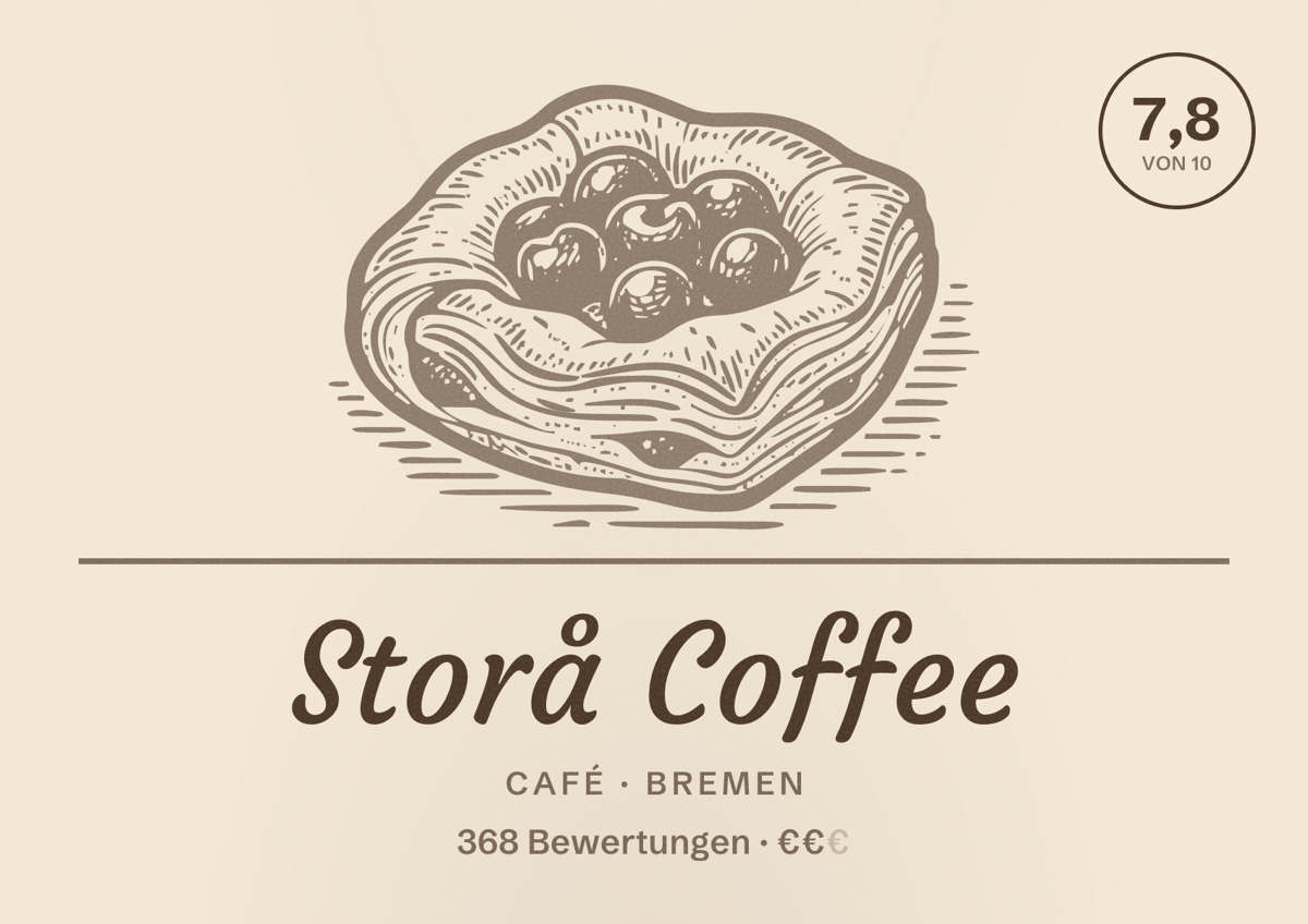 Illustriertes Poster von Storå Coffee, Café in Bremen: Bewertung 7,8 von 10 aus 368 Bewertungen, Preisniveau €€