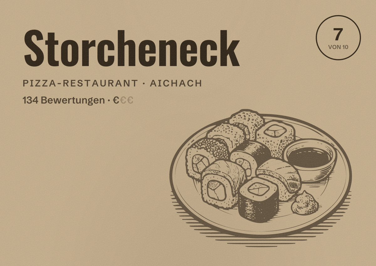 Illustriertes Poster von Storcheneck, Pizza-Restaurant in Aichach: Bewertung 7 von 10 aus 134 Bewertungen, Preisniveau €