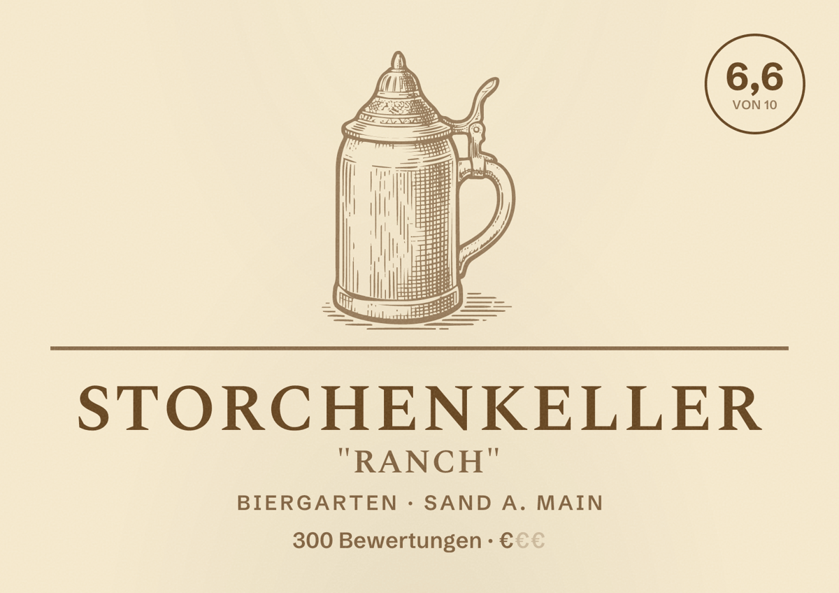 Illustriertes Poster von Storchenkeller "Ranch", Biergarten in Sand a. Main: Bewertung 6,6 von 10 aus 300 Bewertungen, Preisniveau €