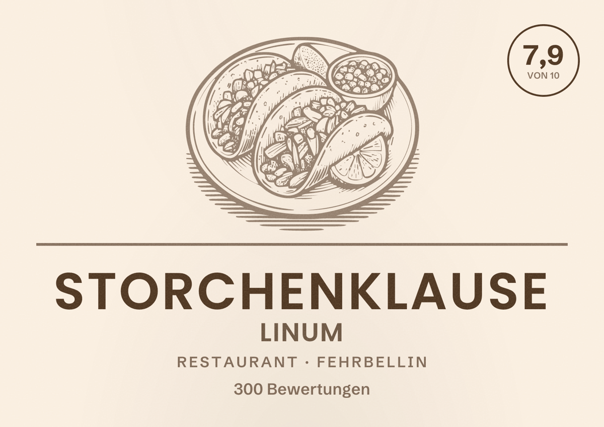 Illustriertes Poster von Storchenklause Linum, Restaurant in Fehrbellin: Bewertung 7,9 von 10 aus 300 Bewertungen