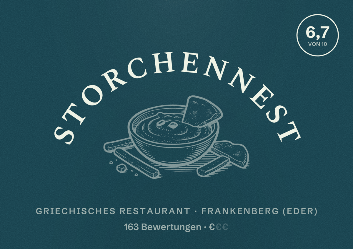 Illustriertes Poster von Storchennest, Griechisches Restaurant in Frankenberg (Eder): Bewertung 6,7 von 10 aus 163 Bewertungen, Preisniveau €