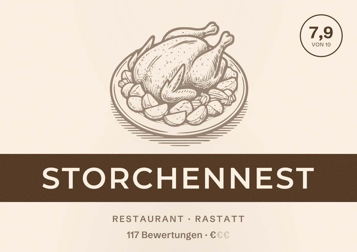 Illustriertes Poster von Storchennest, Restaurant in Rastatt: Bewertung 7,9 von 10 aus 117 Bewertungen, Preisniveau €