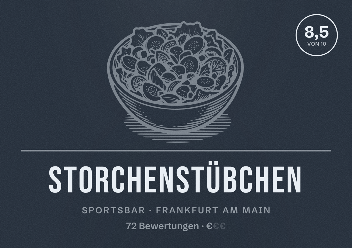 Illustriertes Poster von Storchenstübchen, Sportsbar in Frankfurt am Main: Bewertung 8,5 von 10 aus 72 Bewertungen, Preisniveau €