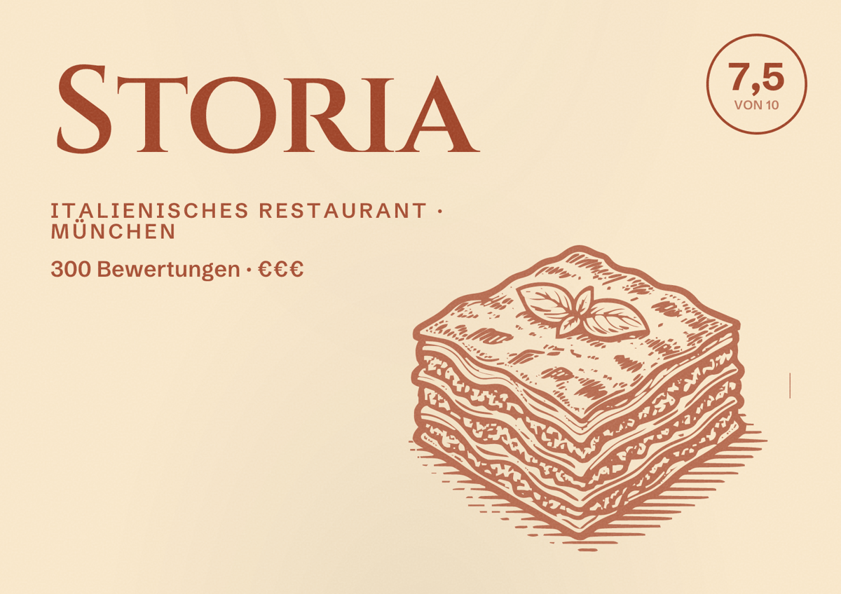 Illustriertes Poster von Storia, Italienisches Restaurant in München: Bewertung 7,5 von 10 aus 300 Bewertungen, Preisniveau €€€