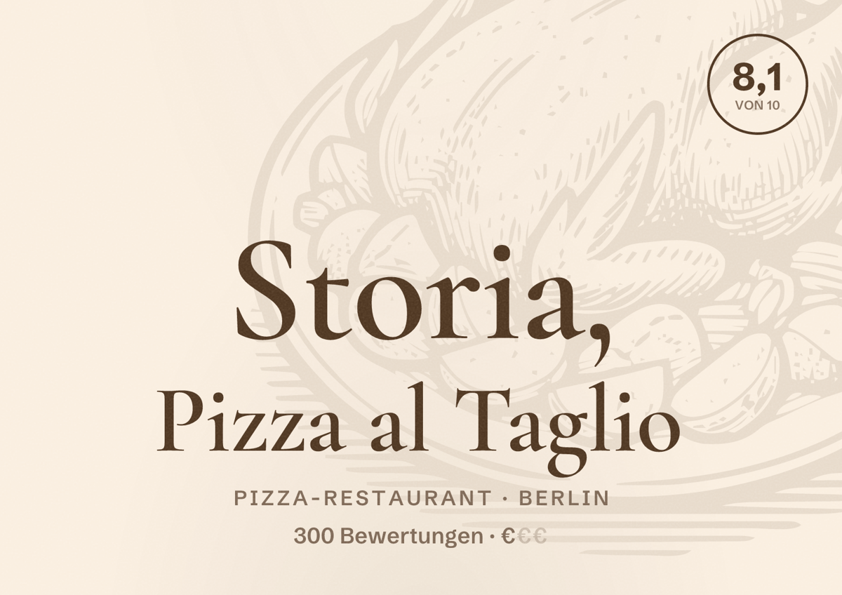 Illustriertes Poster von Storia, Pizza al Taglio, Pizza-Restaurant in Berlin: Bewertung 8,1 von 10 aus 300 Bewertungen, Preisniveau €