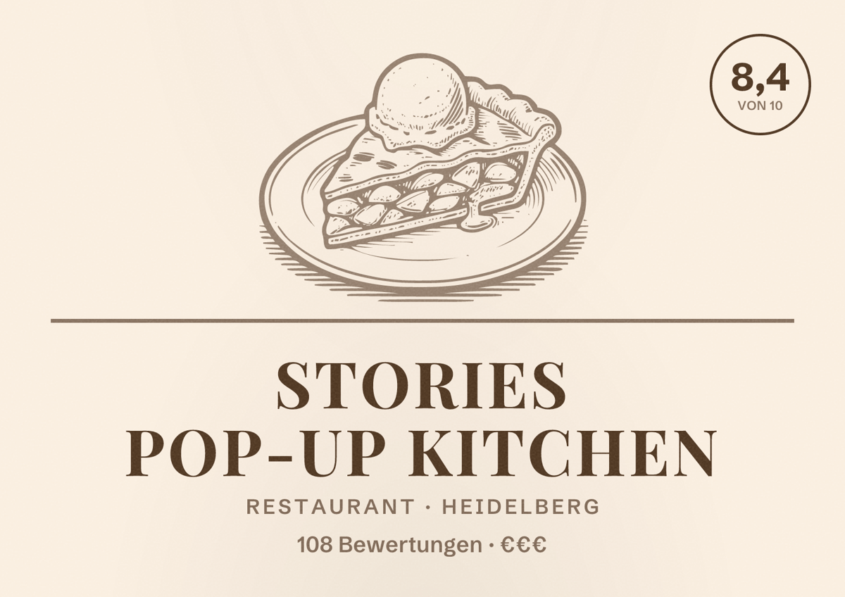 Illustriertes Poster von Stories Pop-Up Kitchen, Restaurant in Heidelberg: Bewertung 8,4 von 10 aus 108 Bewertungen, Preisniveau €€€