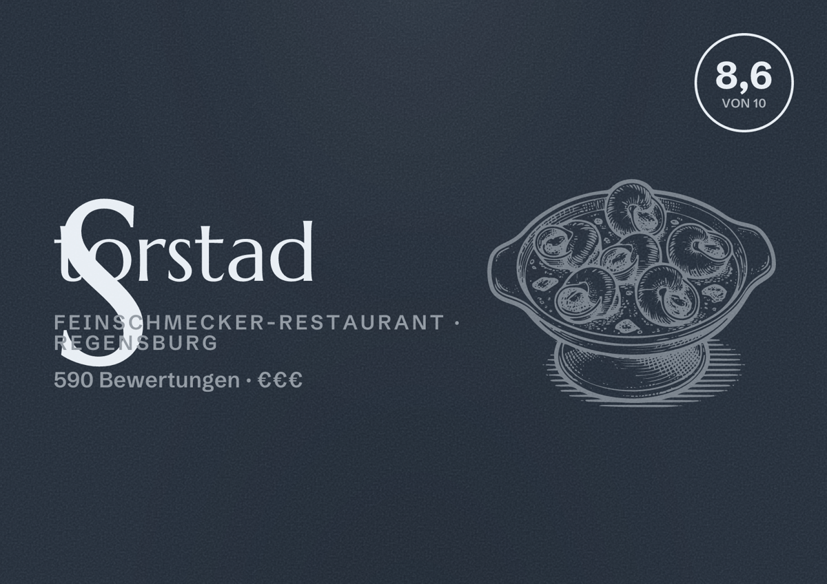 Illustriertes Poster von Storstad, Feinschmecker-Restaurant in Regensburg: Bewertung 8,6 von 10 aus 590 Bewertungen, Preisniveau €€€