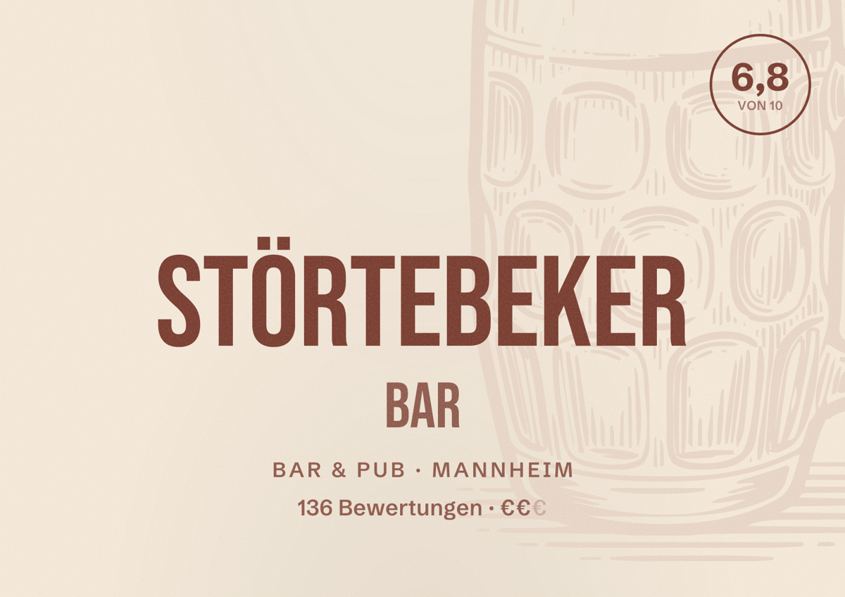 Illustriertes Poster von Störtebeker Bar, Bar & Pub in Mannheim: Bewertung 6,8 von 10 aus 136 Bewertungen, Preisniveau €€