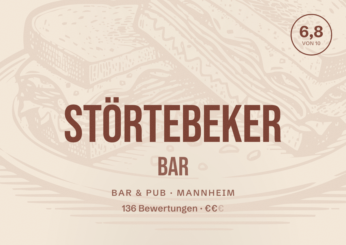 Illustriertes Poster von Störtebeker Bar, Bar & Pub in Mannheim: Bewertung 6,8 von 10 aus 136 Bewertungen, Preisniveau €€