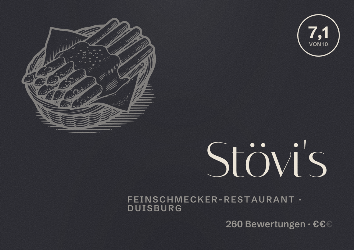 Illustriertes Poster von Stövi's, Feinschmecker-Restaurant in Duisburg: Bewertung 7,1 von 10 aus 260 Bewertungen, Preisniveau €€