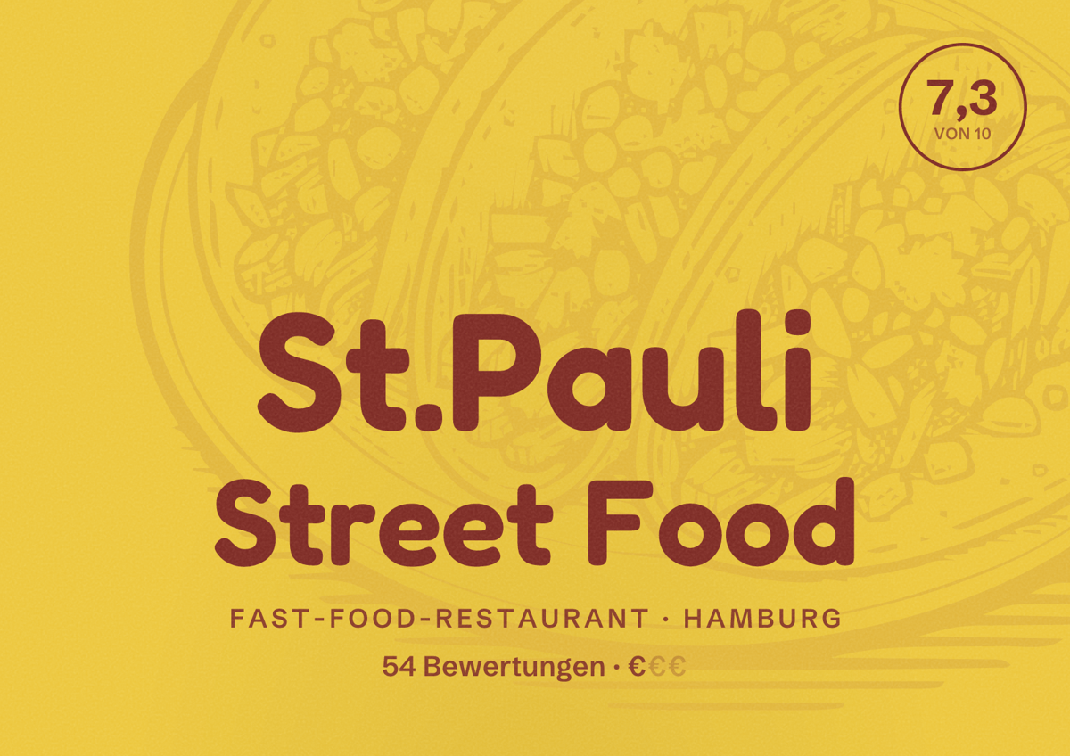 Illustriertes Poster von St.Pauli Street Food, Fast-Food-Restaurant in Hamburg: Bewertung 7,3 von 10 aus 54 Bewertungen, Preisniveau €