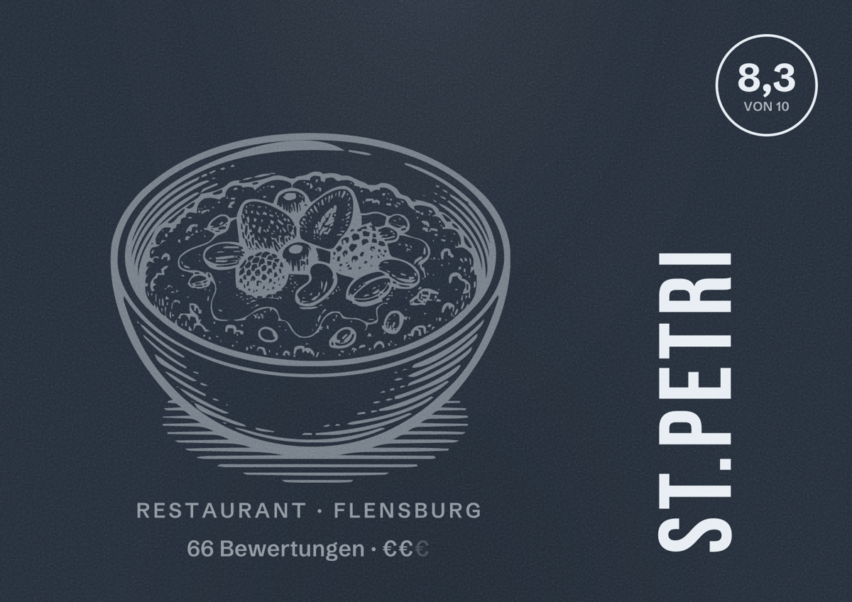 Illustriertes Poster von St.Petri, Restaurant in Flensburg: Bewertung 8,3 von 10 aus 66 Bewertungen, Preisniveau €€