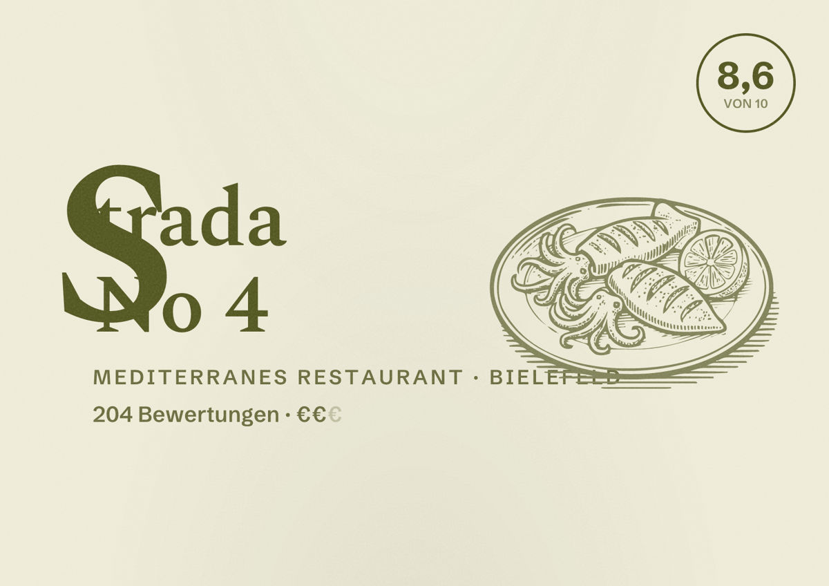 Illustriertes Poster von Strada No 4, Mediterranes Restaurant in Bielefeld: Bewertung 8,6 von 10 aus 204 Bewertungen, Preisniveau €€