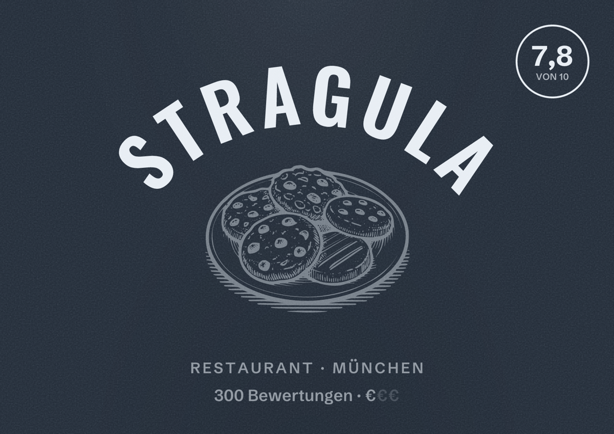 Illustriertes Poster von Stragula, Restaurant in München: Bewertung 7,8 von 10 aus 300 Bewertungen, Preisniveau €