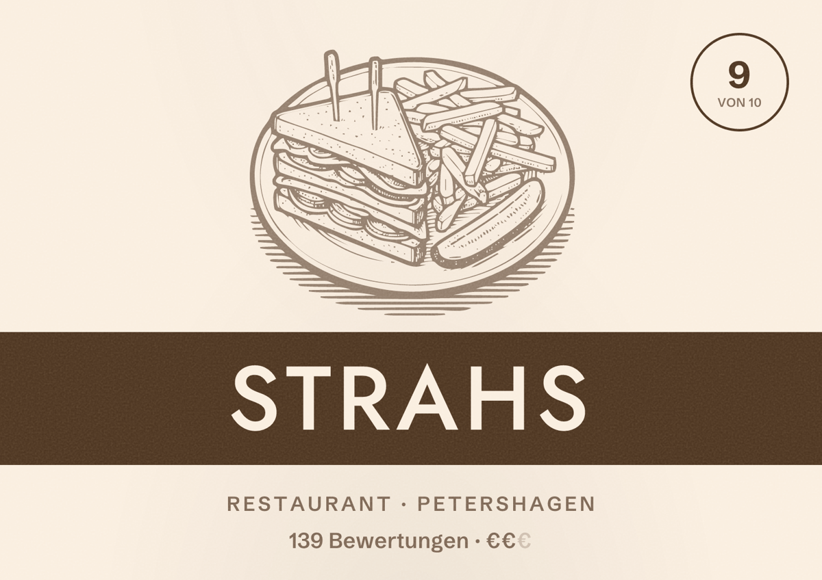 Illustriertes Poster von Strahs, Restaurant in Petershagen: Bewertung 9 von 10 aus 139 Bewertungen, Preisniveau €€