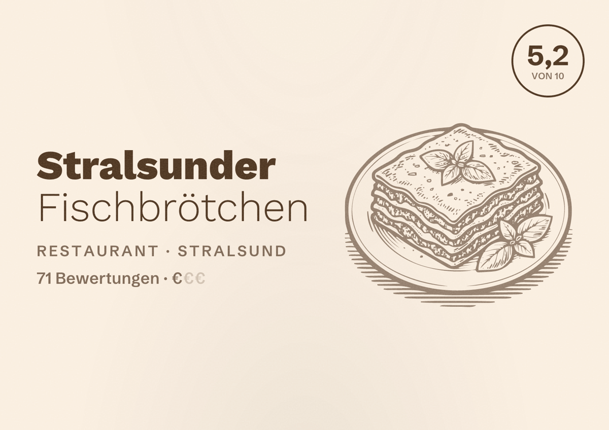 Illustriertes Poster von Stralsunder Fischbrötchen, Restaurant in Stralsund: Bewertung 5,2 von 10 aus 71 Bewertungen, Preisniveau €