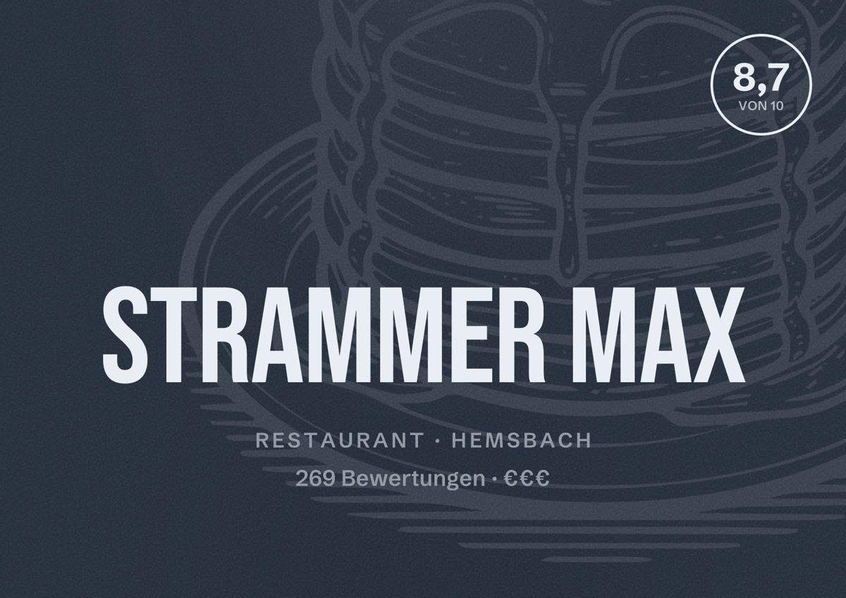 Illustriertes Poster von strammer max, Restaurant in Hemsbach: Bewertung 8,7 von 10 aus 269 Bewertungen, Preisniveau €€€