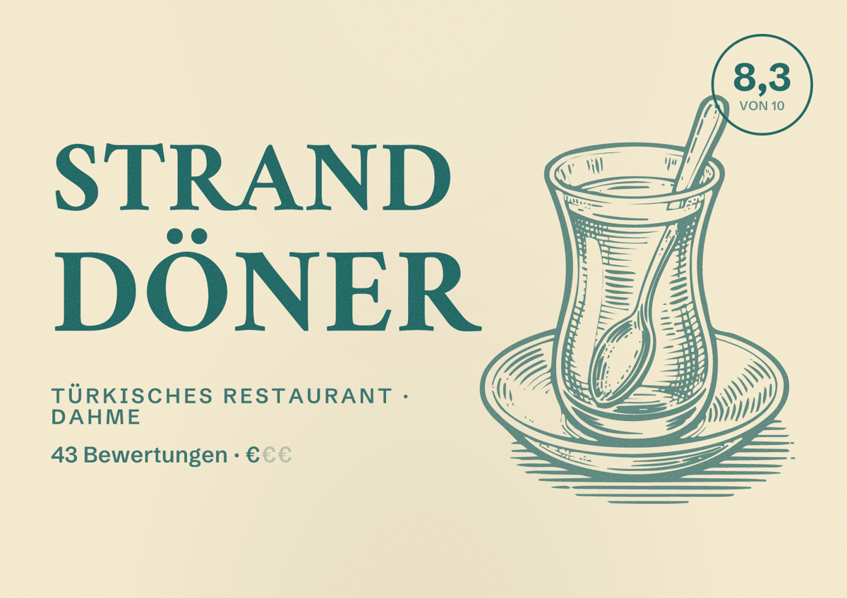 Illustriertes Poster von STRAND DÖNER, Türkisches Restaurant in Dahme: Bewertung 8,3 von 10 aus 43 Bewertungen, Preisniveau €