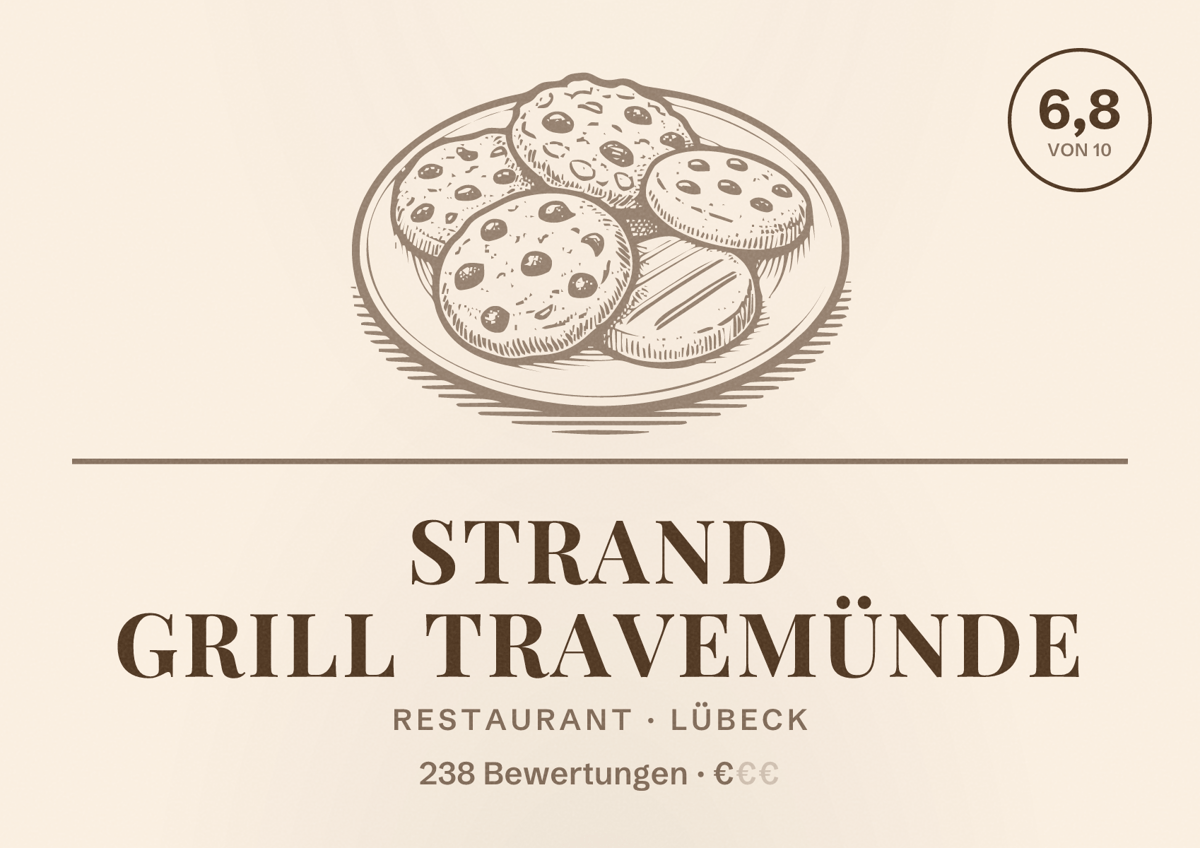 Illustriertes Poster von Strand Grill Travemünde, Restaurant in Lübeck: Bewertung 6,8 von 10 aus 238 Bewertungen, Preisniveau €