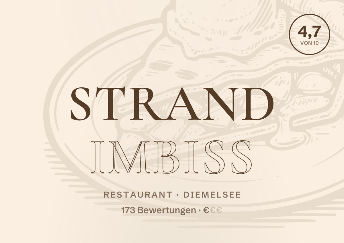 Illustriertes Poster von Strand Imbiss, Restaurant in Diemelsee: Bewertung 4,7 von 10 aus 173 Bewertungen, Preisniveau €